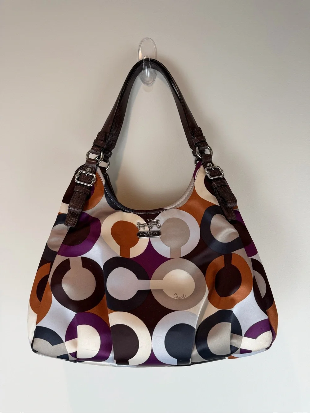 Coach Op Art Glam Satin Print Shoulder Bag in Brown, Purple & Cream